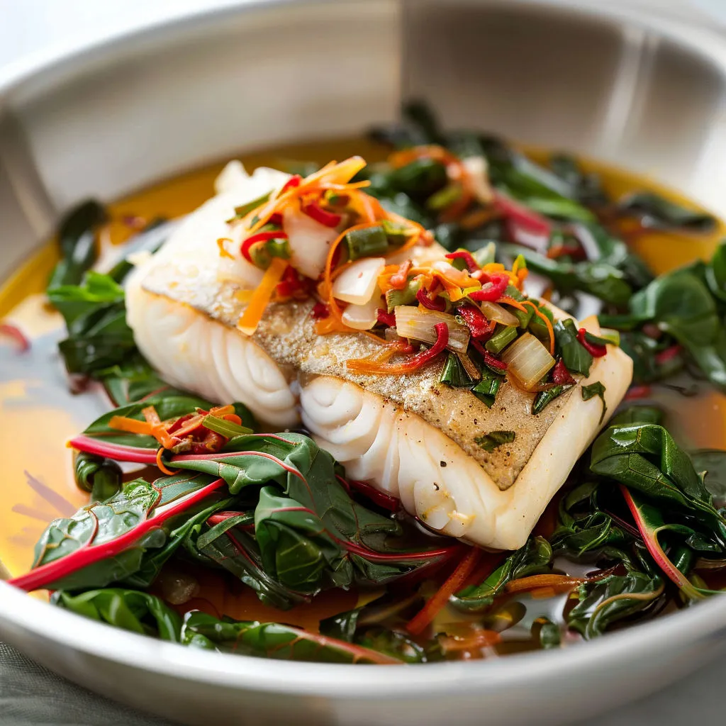 Un bol de poisson blanc, légumes verts et légumes colorés ensemble.