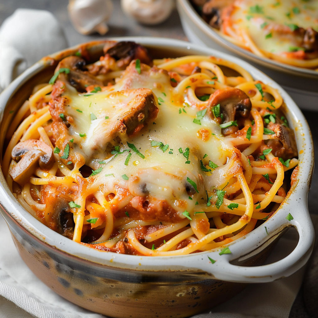Plat de spaghettis gratinés avec veau et champignons, agrémenté d’herbes fraîches et d’un gratin au fromage.