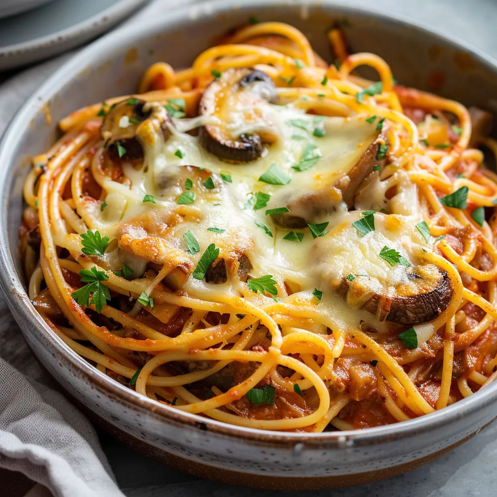 Une assiette fumante de spaghettis gratinés au veau et champignons, recouverte de fromage fondant.