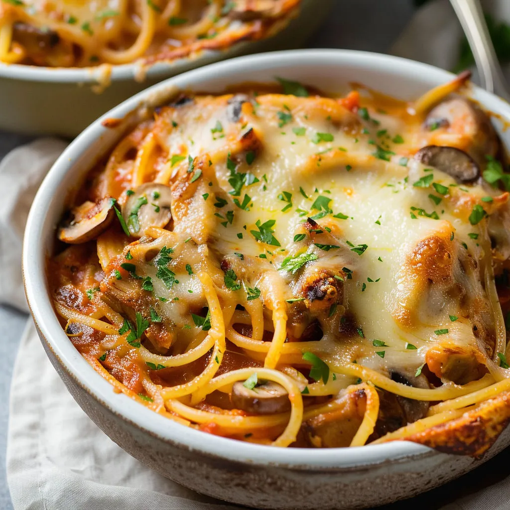 Un grand plat de pâtes au veau mijoté et champignons nappés de fromage bien doré.