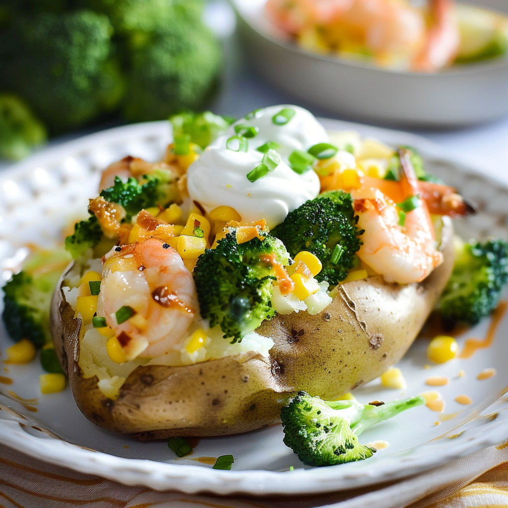 Des pommes dorées farcies de maïs, brocoli et crevettes nordiques.