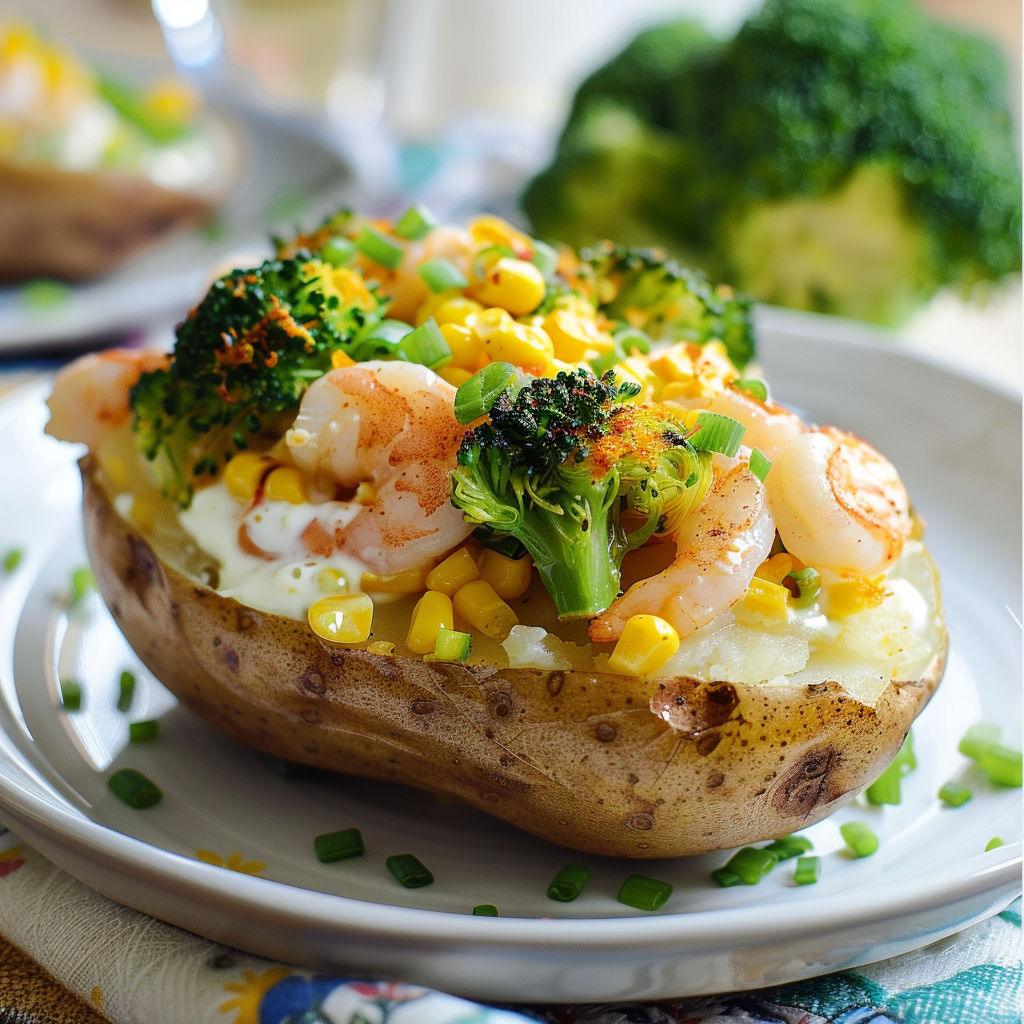 Une pomme de terre garnie aux crevettes et brocoli, accompagnée de légumes verts.