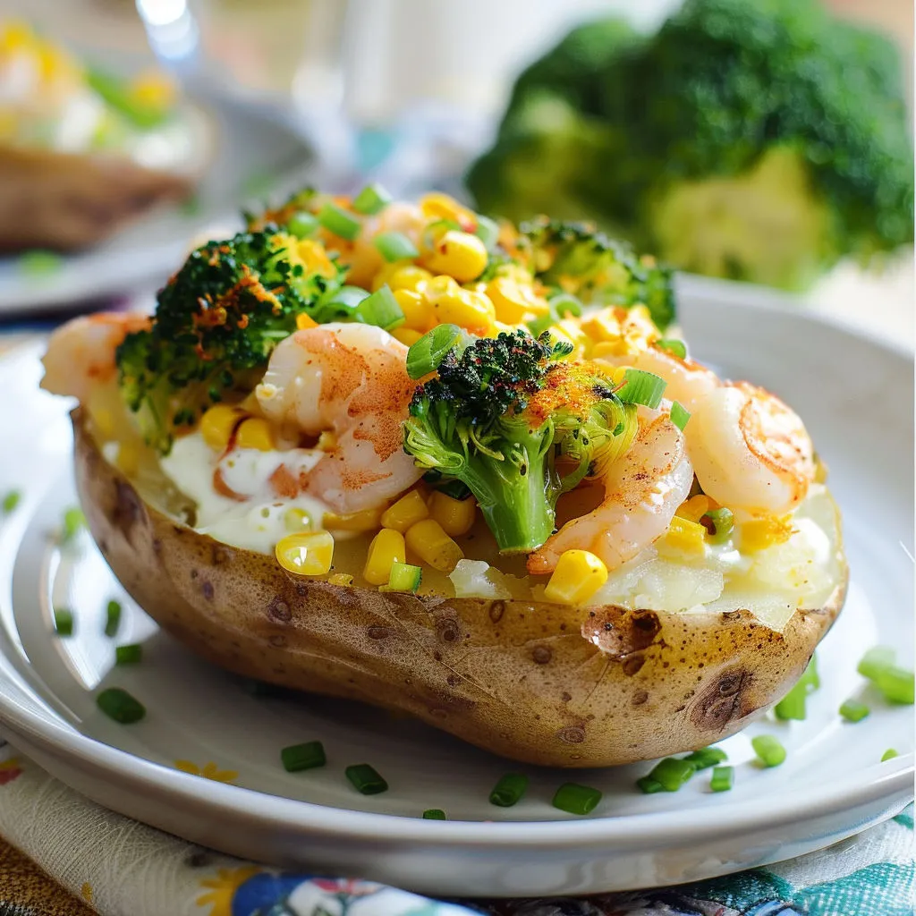 Une pomme de terre garnie aux crevettes et brocoli, accompagnée de légumes verts.