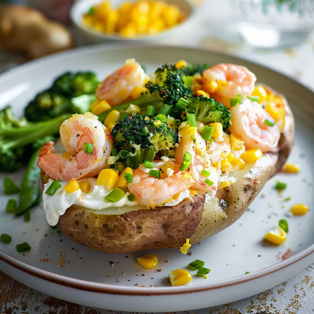 Une salade de crevettes et légumes, avec pommes de terre et poivrons, posée sur un plateau.