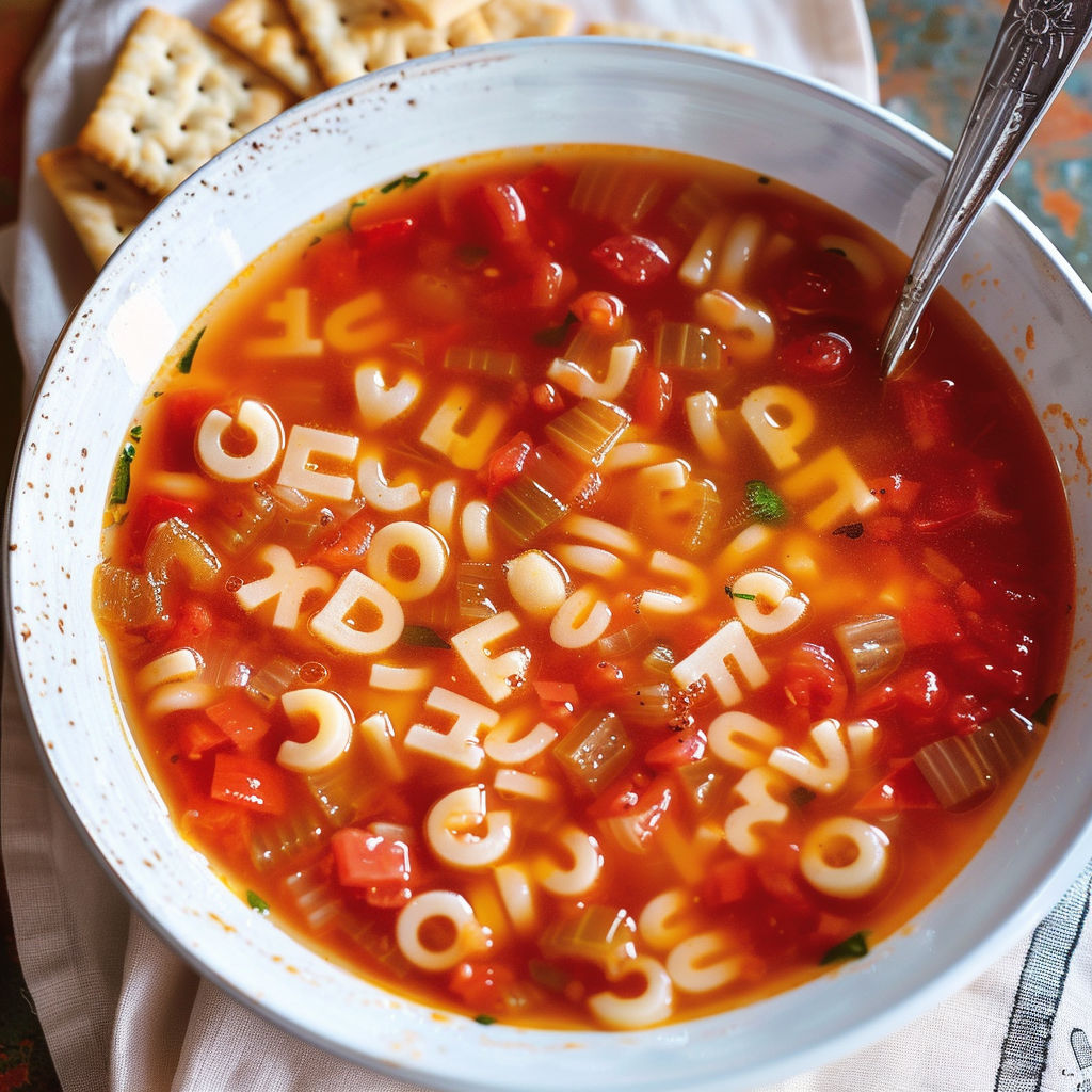 Un bol avec des pâtes alphabet dans une soupe chaude.
