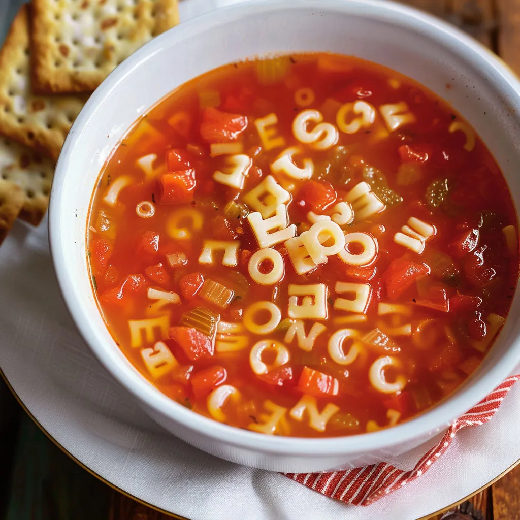 Un grand bol de soupe alphabet avec des pâtes rigolotes posé sur la table.