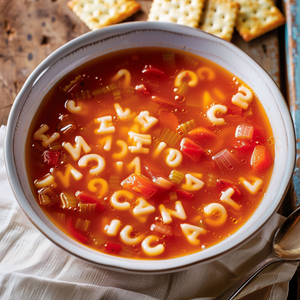 Un joli bol de soupe tomate et petites pâtes posé sur la table.