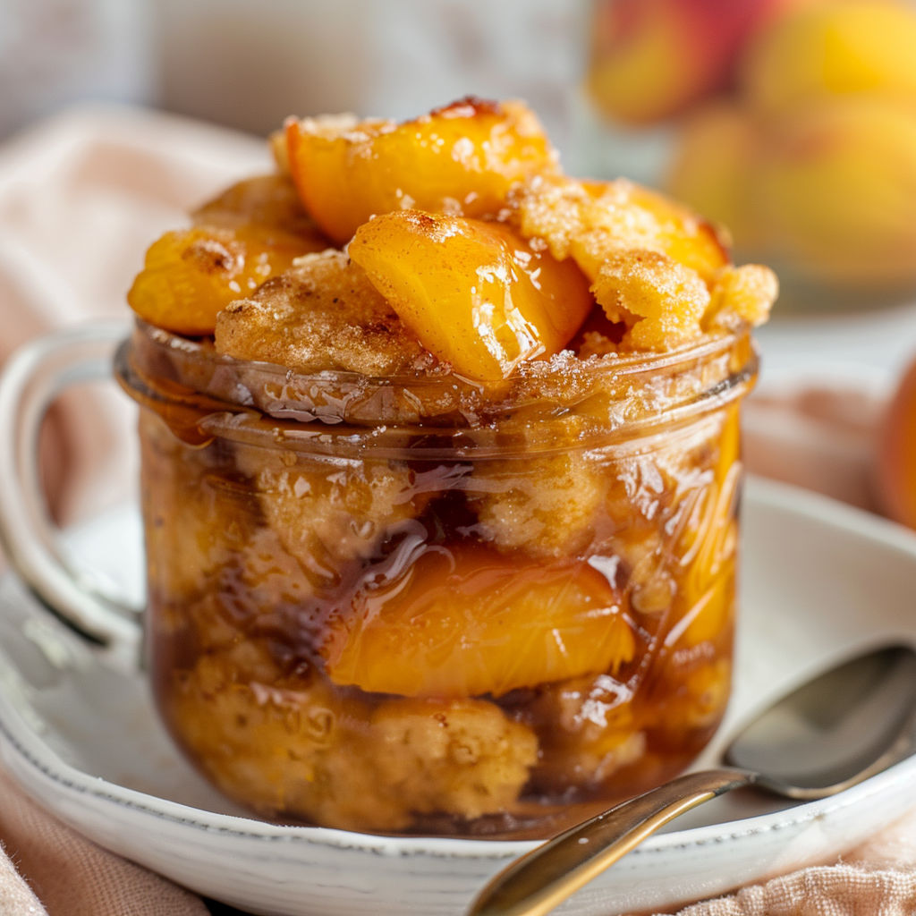 Des pêches au four en pots avec une croûte dorée, prêtes à déguster.