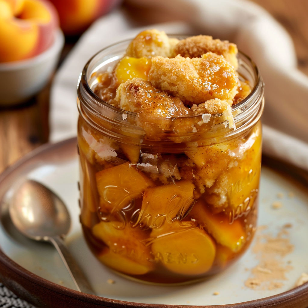 Un dessert aux pêches individuel dans un bocal en verre.