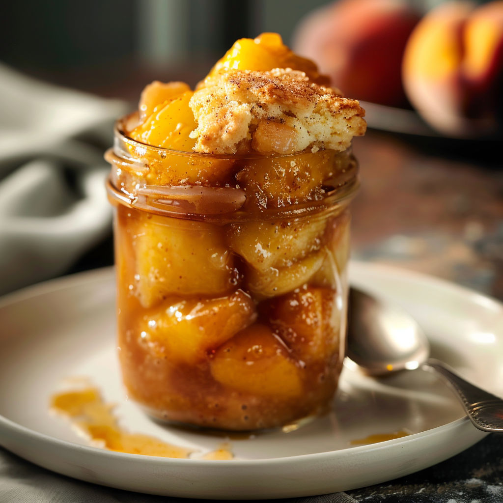 Un petit cobbler aux pêches prêt à être servi, avec une cuillère argentée.