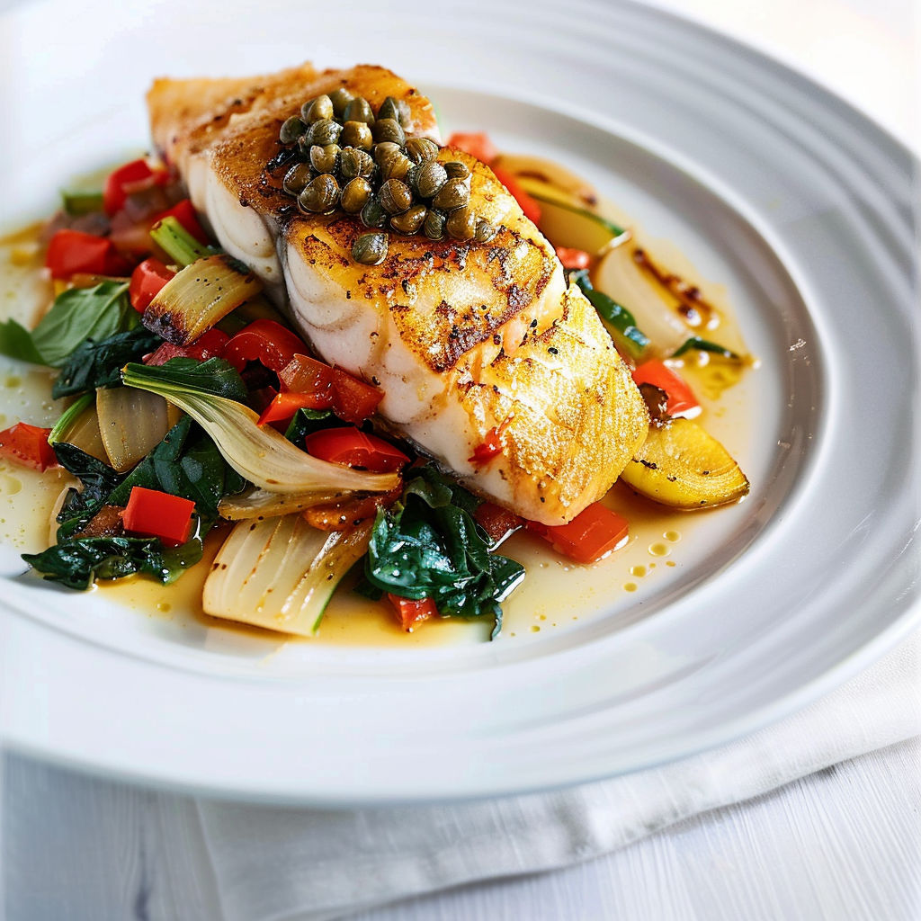 Poisson croustillant avec légumes grillés et beurre noisette aux câpres et anchois.