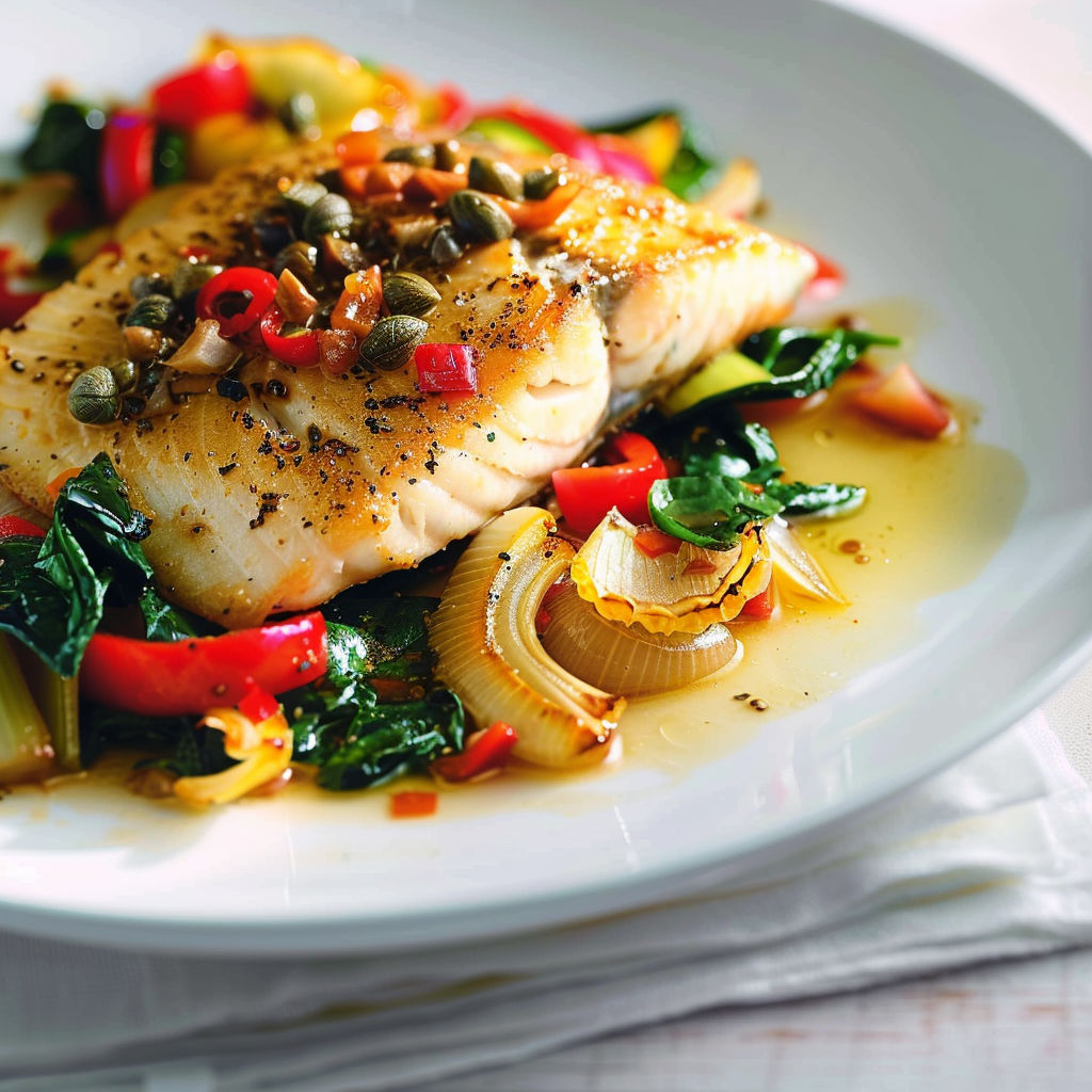 Filet de poisson grillé avec légumes verts, sauce et zestes de citron.