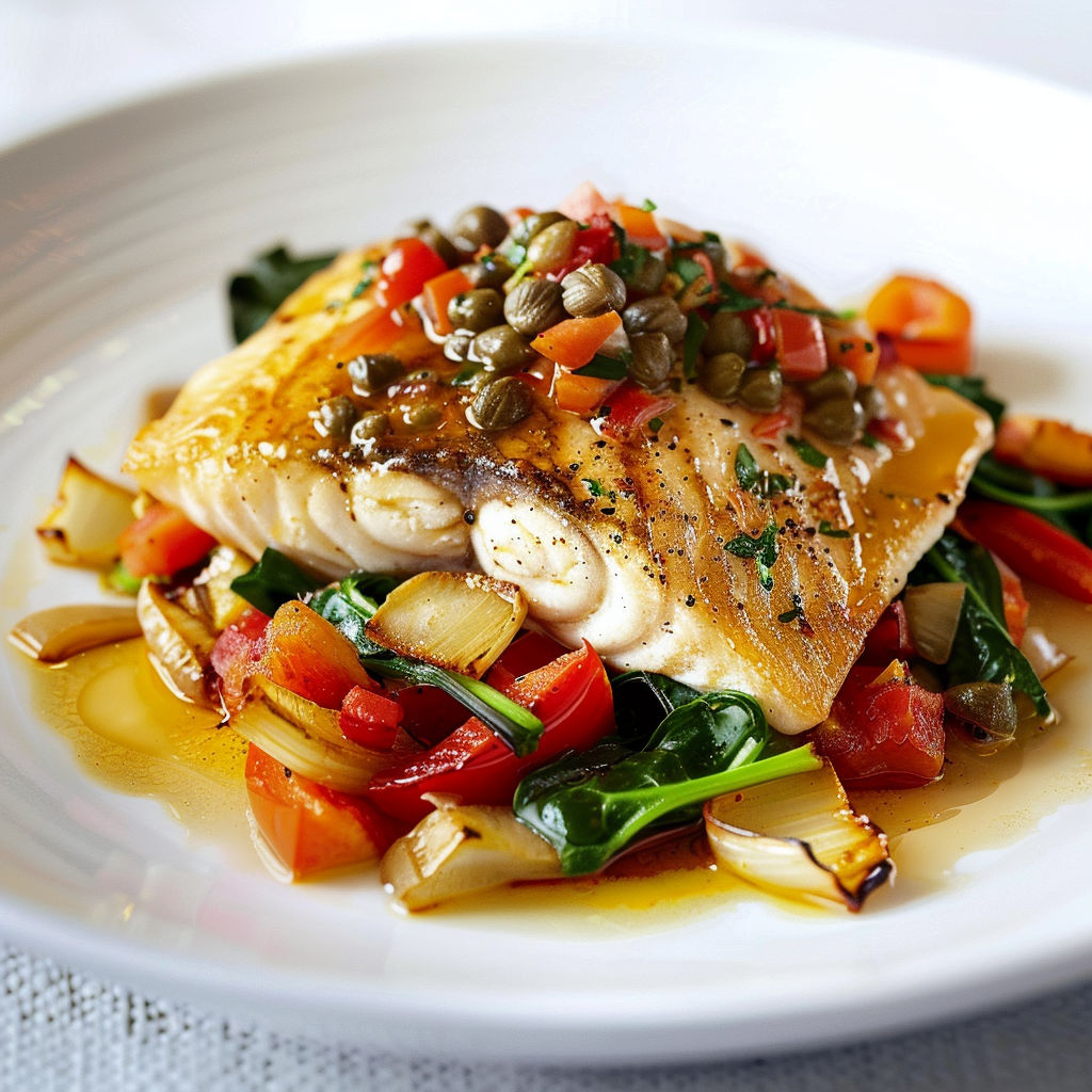 Poisson grillé avec légumes verts et quartiers de tomate.