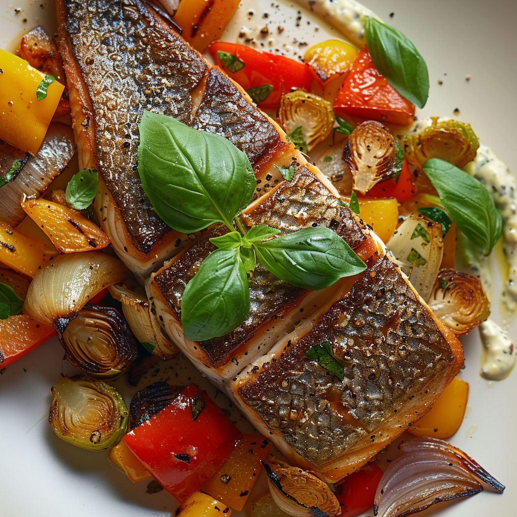 Truite rôtie avec légumes et feuilles de basilic.