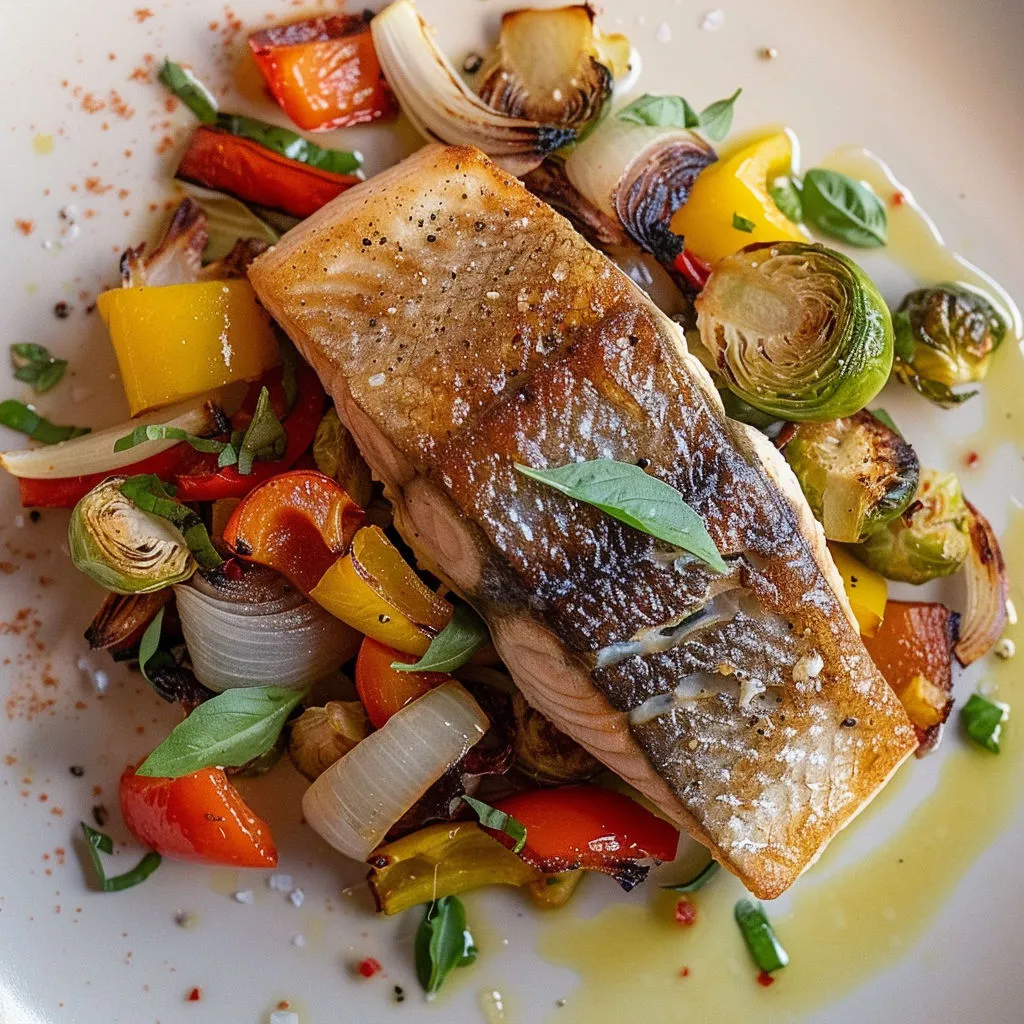 Saumon rôti avec des légumes verts et des carottes