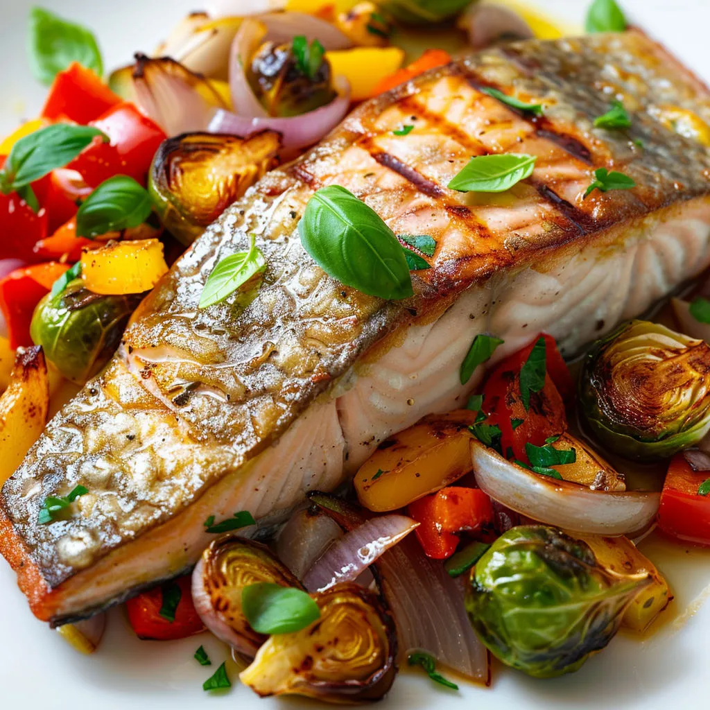 Poisson doré au four avec légumes verts et épinards, servi avec de la sauce.
