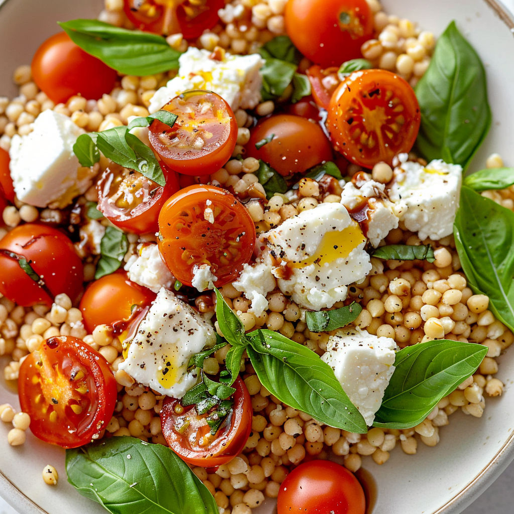 Salade fraîche de boulgour avec chèvre, tomates et herbes fraîches.