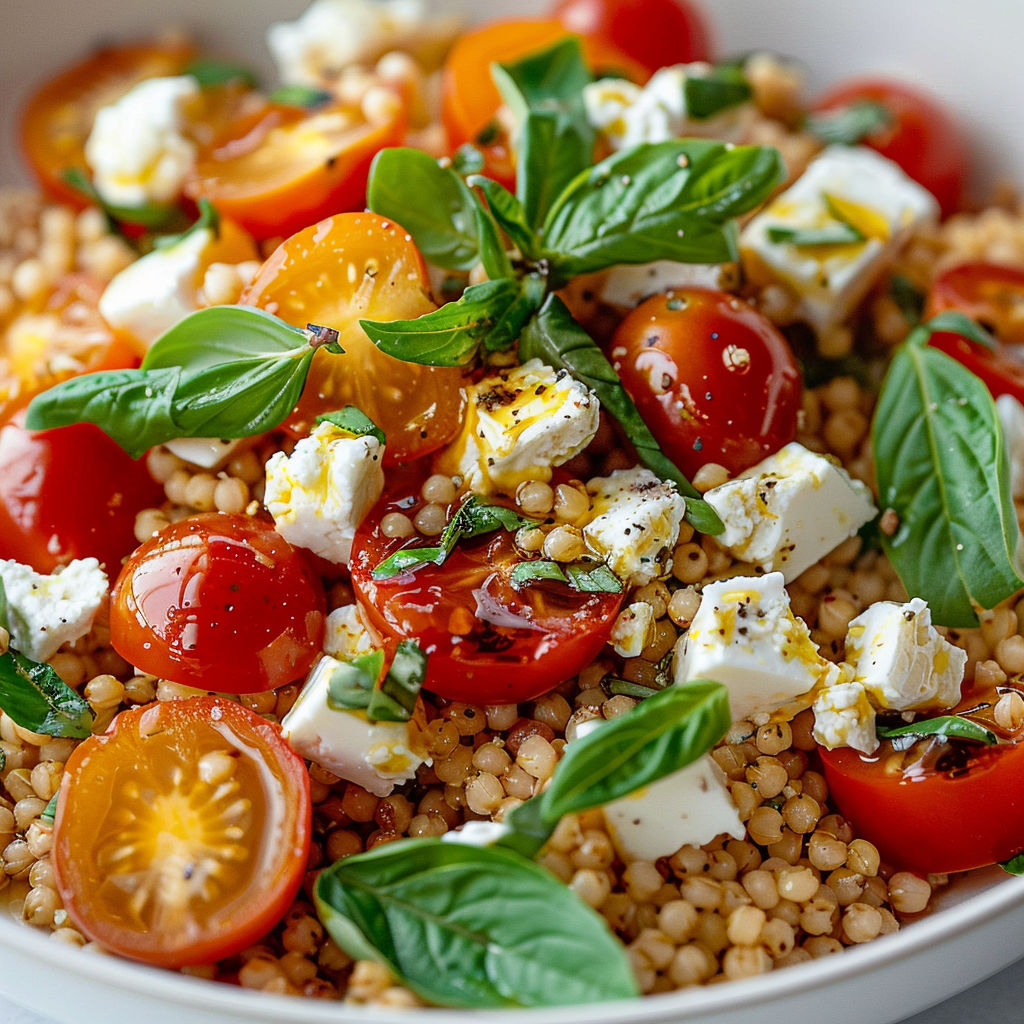 Salade gourmande de tomates fraîches, pâtes et basilic dans un bol, un filet d'huile d'olive sur le dessus.