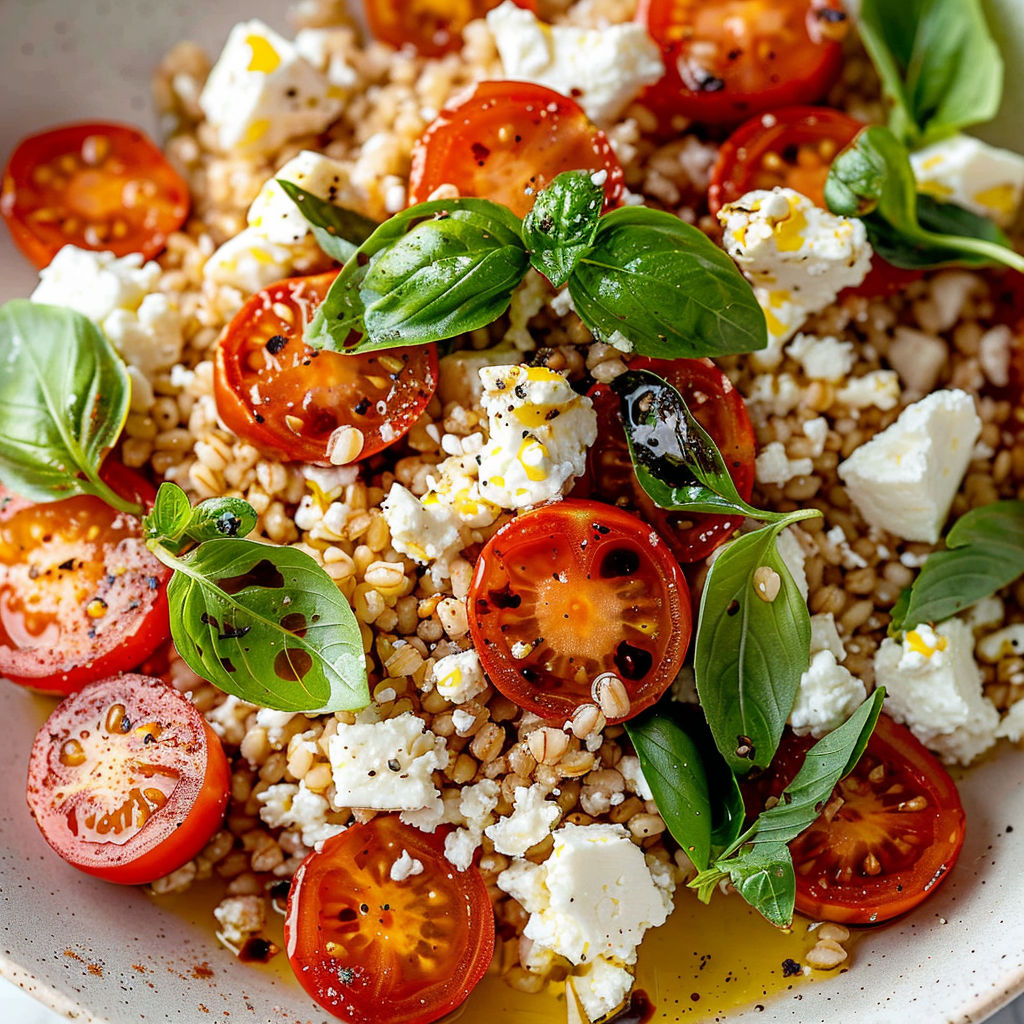 Salade fraîche de quinoa, tomates et herbes vertes dans un bol coloré.