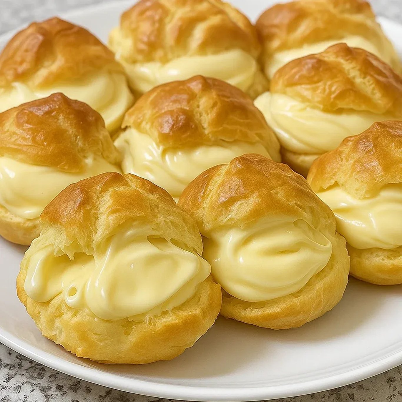Une douzaine de petits choux ronds, dorés, posés sur un plateau.