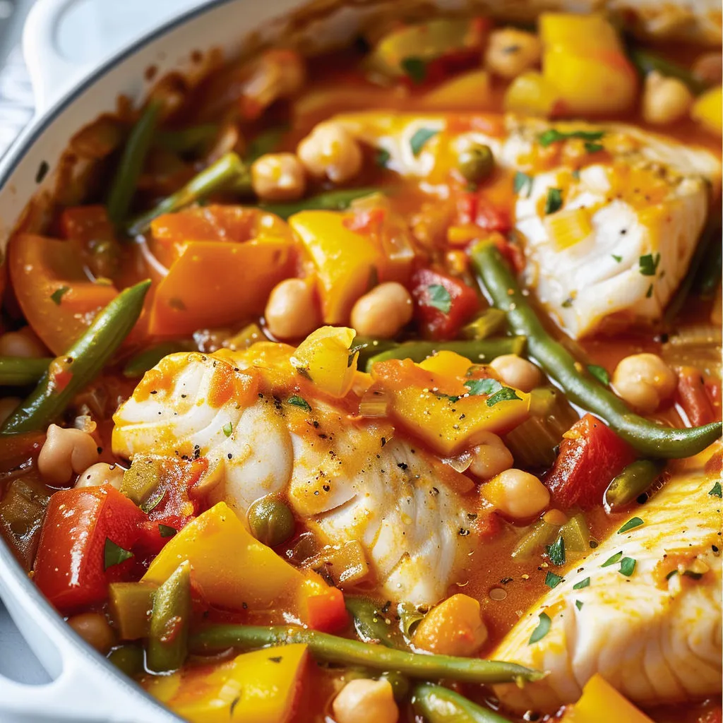 Un joli plat de poisson et légumes, haricots et poivrons, dans un bol en céramique.