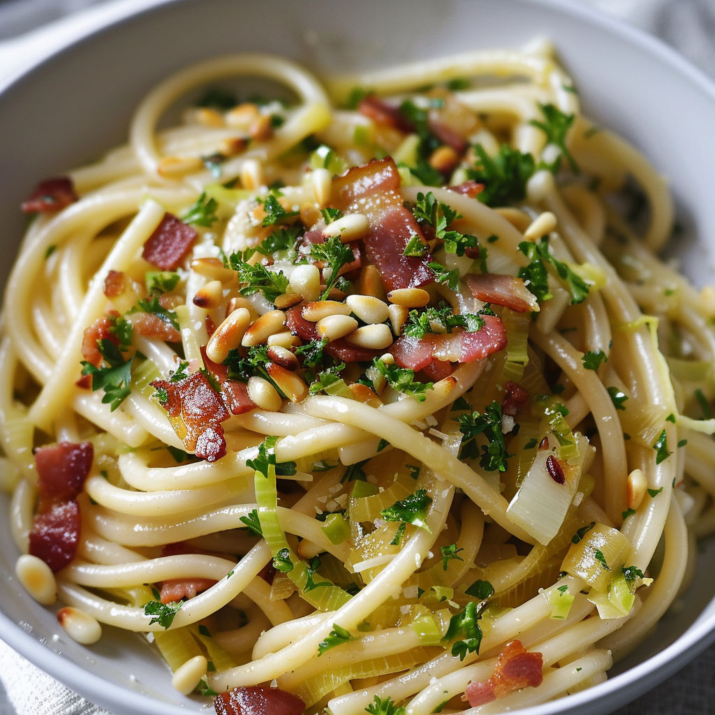 Un plat de pâtes avec des poireaux, du bacon et des noix grillées.