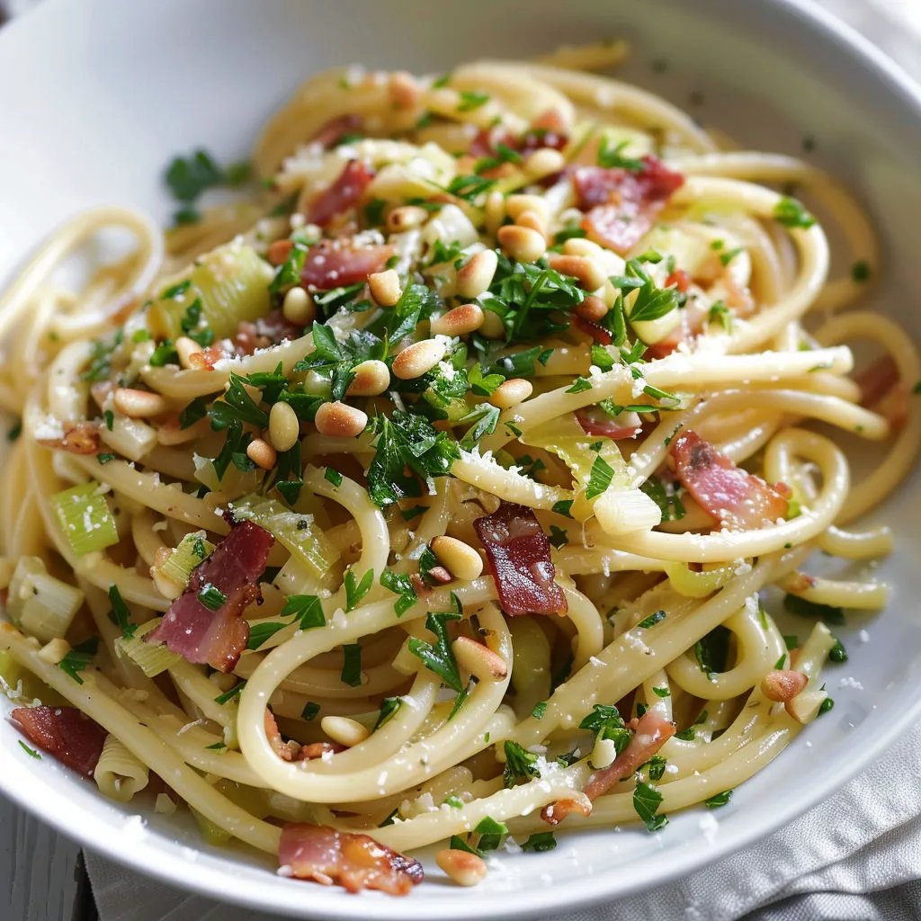 Un plat de spaghetti avec des légumes et du bacon dans une sauce crémeuse, prêt à être dégusté.