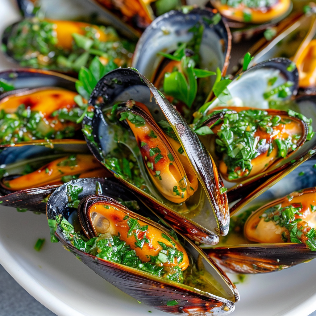 Assiette de moules nappées de salsa verte, parfaite pour un barbecue convivial.
