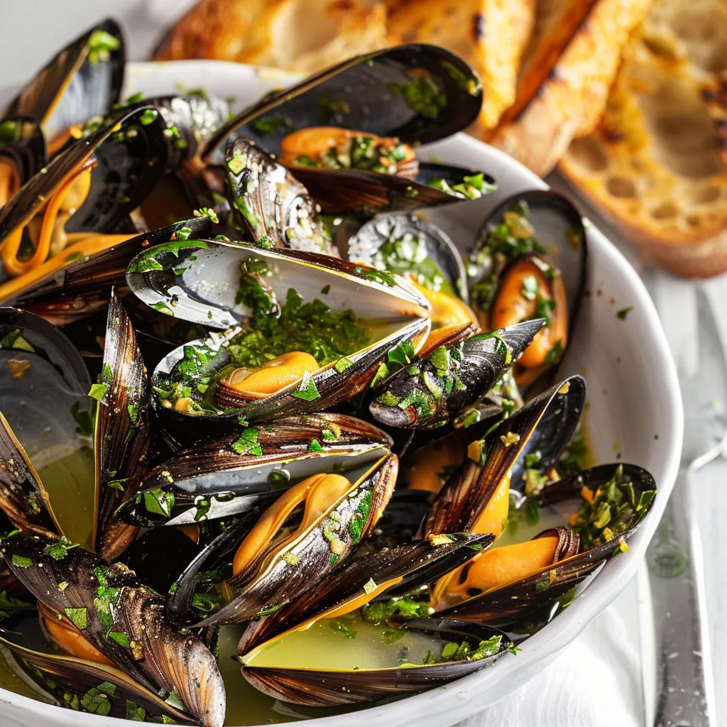 Assiette de moules garnies d’herbes et tranches de pain toasté.