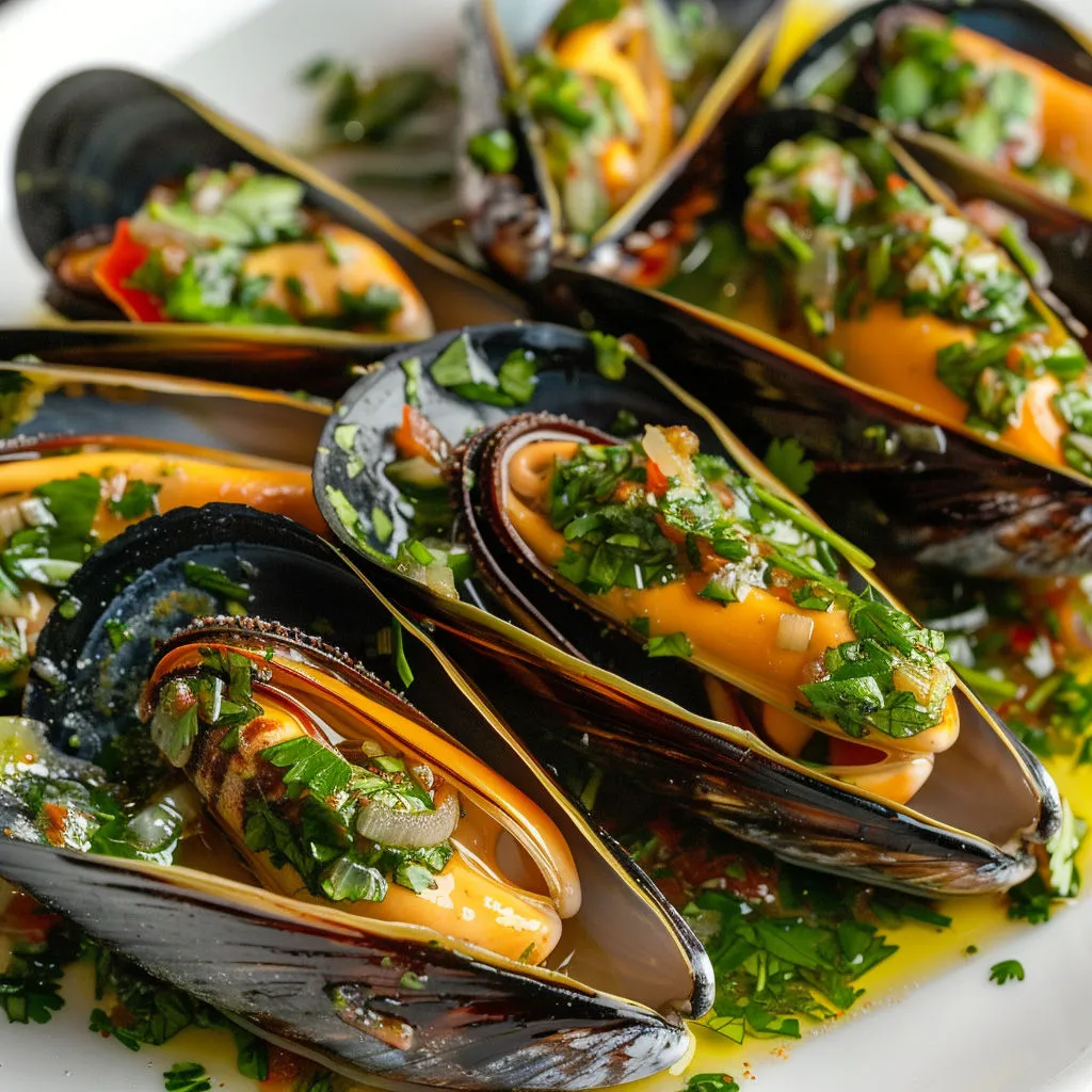 Assiette garnie de moules herbacées et sauce goûteuse. Prête à déguster.