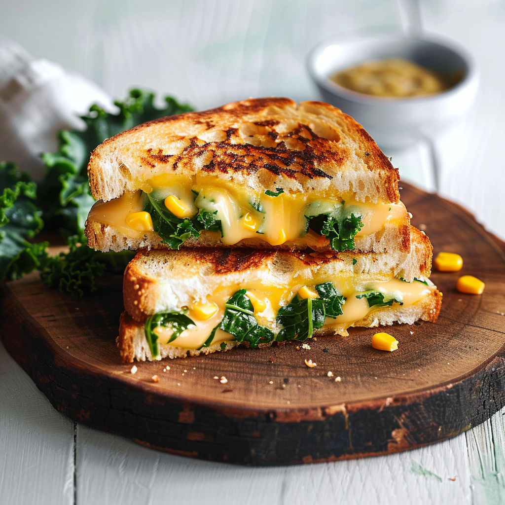 Un sandwich explosif au kale qui sort tout juste du grill, posé sur une planche en bois.