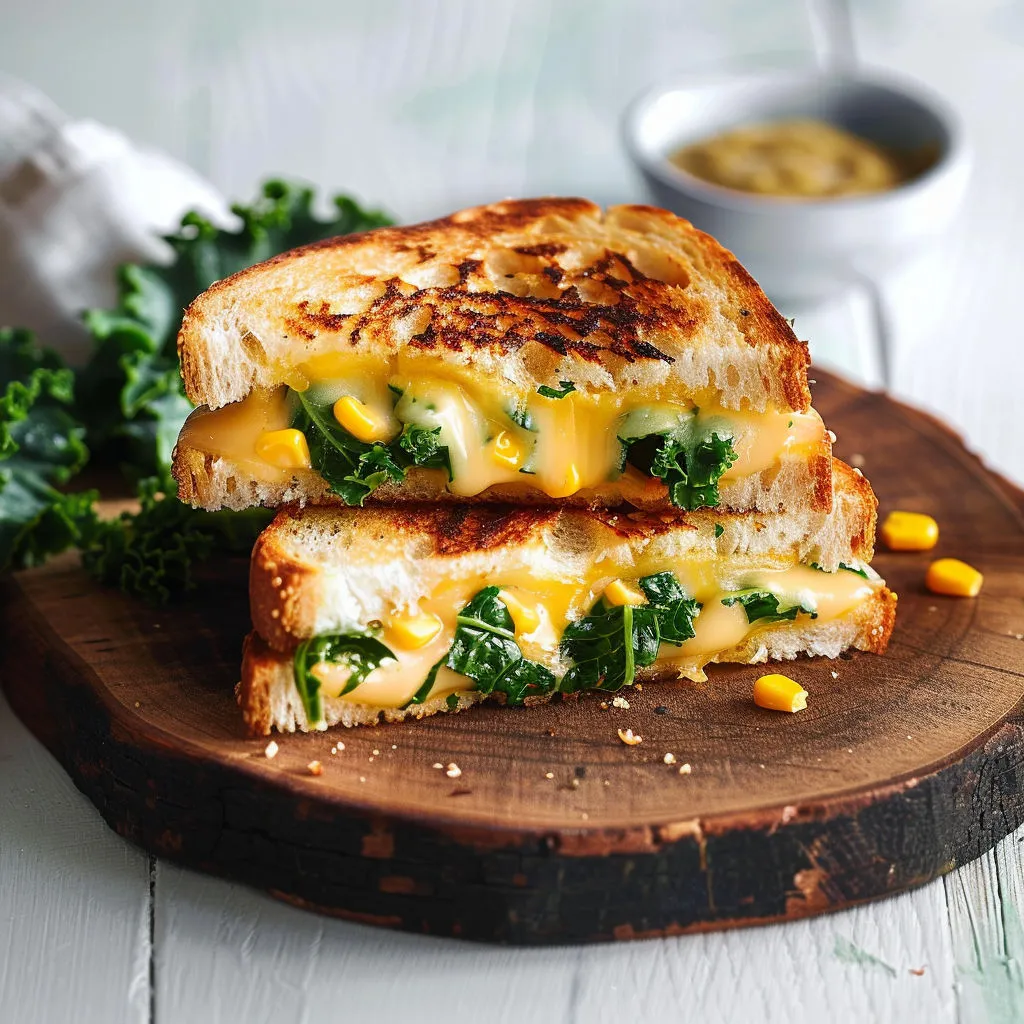 Un sandwich explosif au kale qui sort tout juste du grill, posé sur une planche en bois.