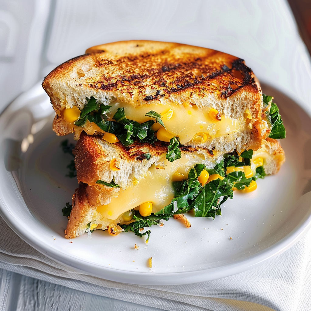 Une part de sandwich grillé garni de légumes, servie sur une assiette blanche.