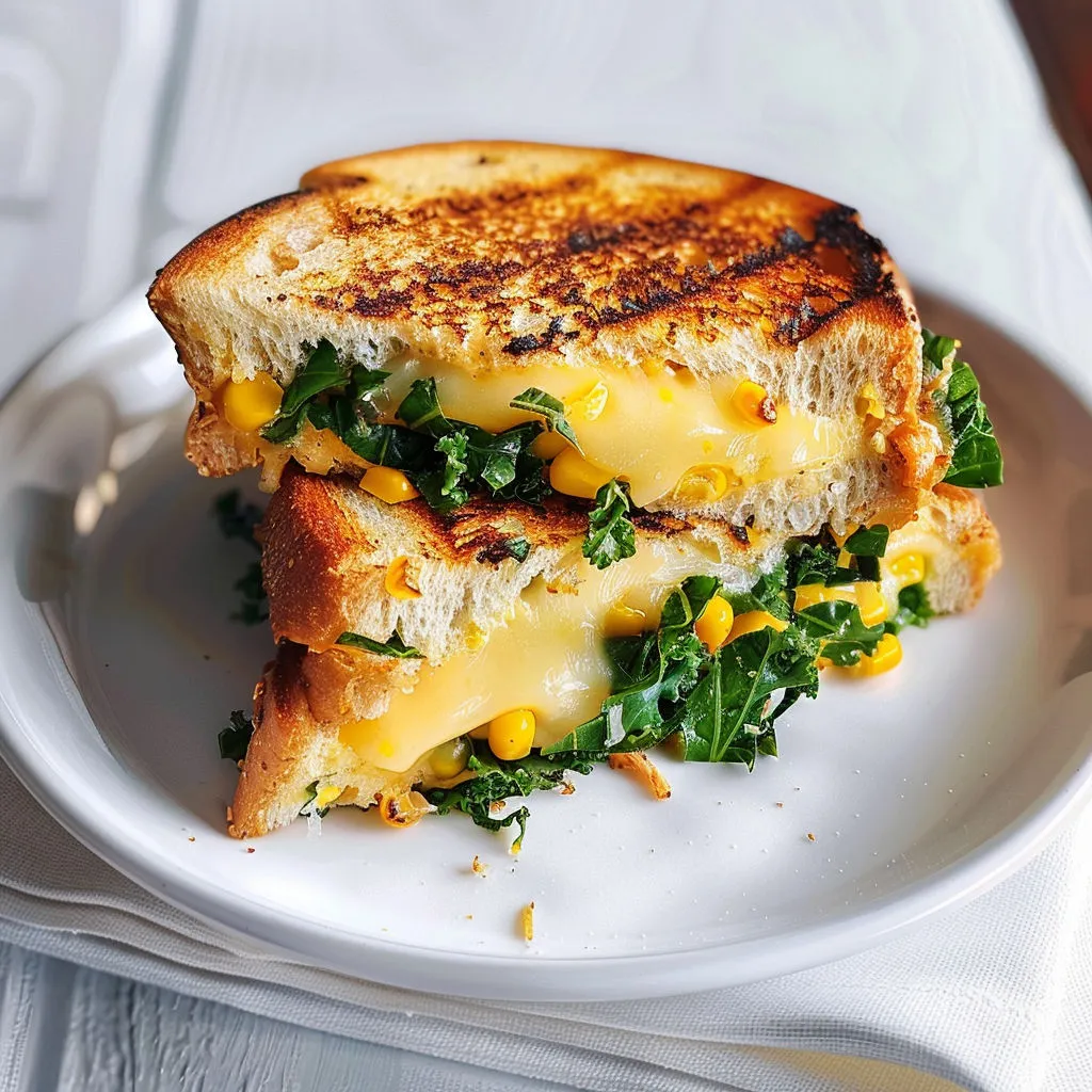 Une part de sandwich grillé garni de légumes, servie sur une assiette blanche.