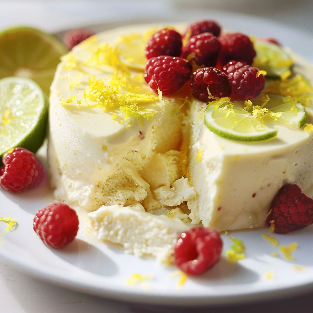 Un dessert glacé alliant citron, lime et framboises, décoré d’agrumes et de fruits frais.