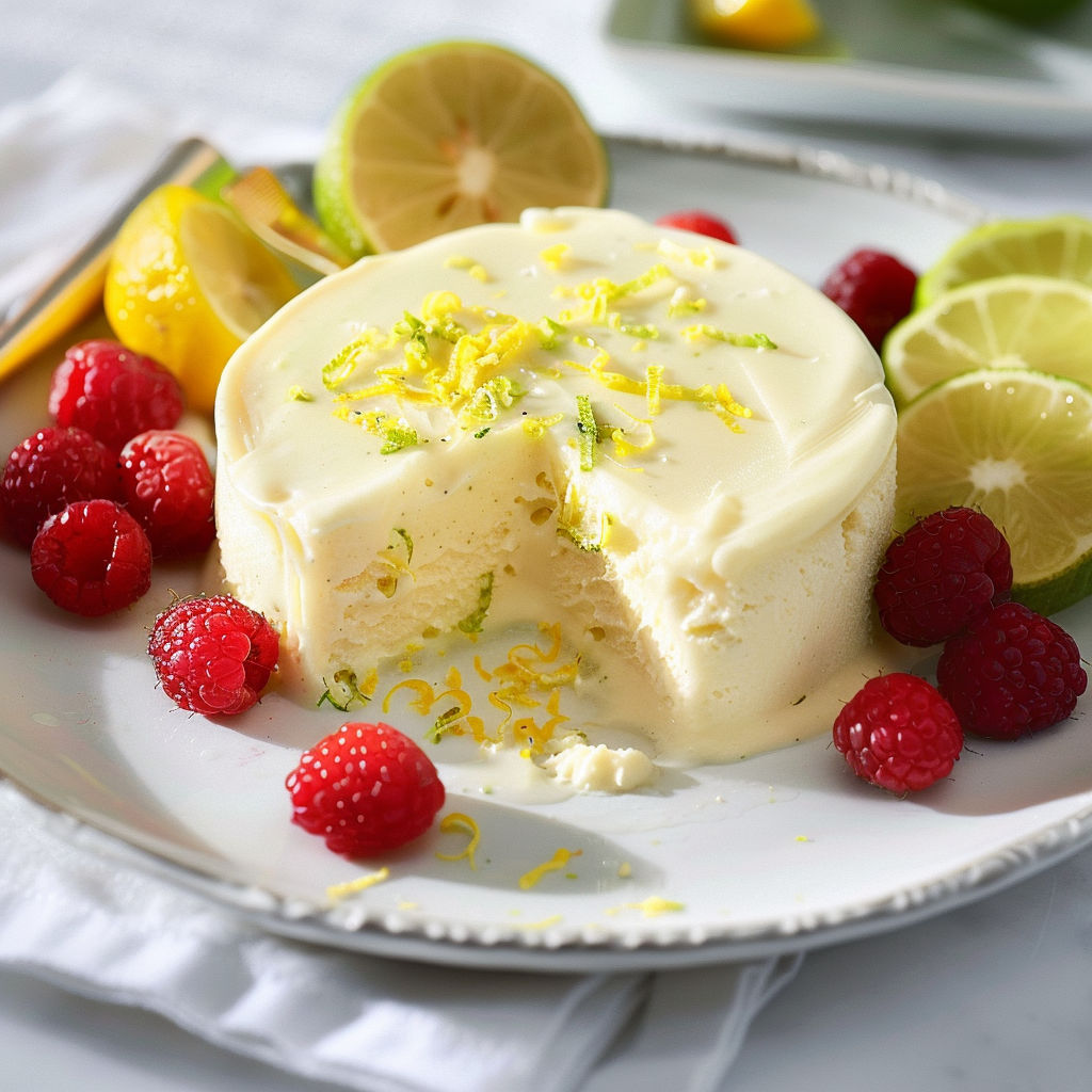 Un entremets glacé citron-lime avec fruits rouges et citrons posé sur un plateau.