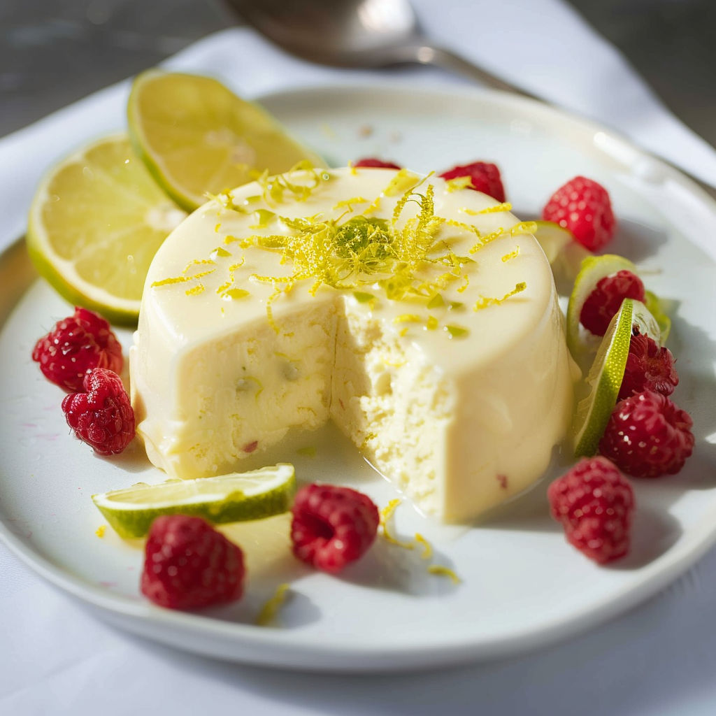 Un entremets aux agrumes et aux framboises posé sur un plateau avec des fruits frais.