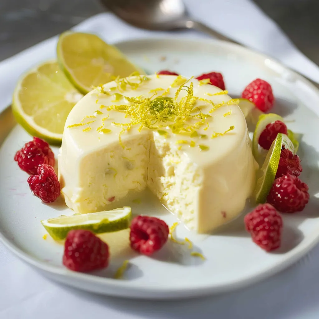 Un entremets aux agrumes et aux framboises posé sur un plateau avec des fruits frais.