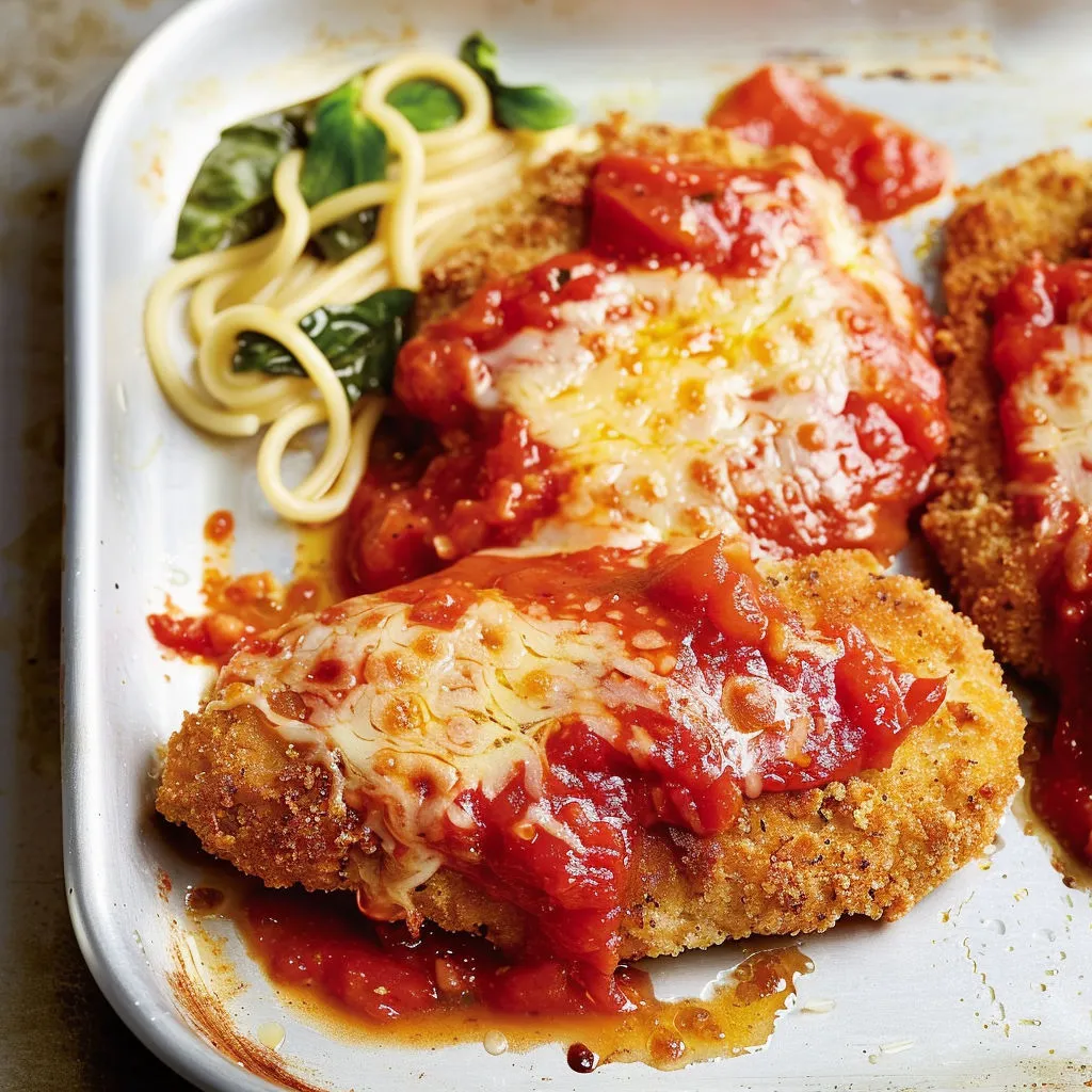 Escalopes panées croustillantes, fromage gratiné et spaghetti à la sauce tomate, présentés sur un plat.