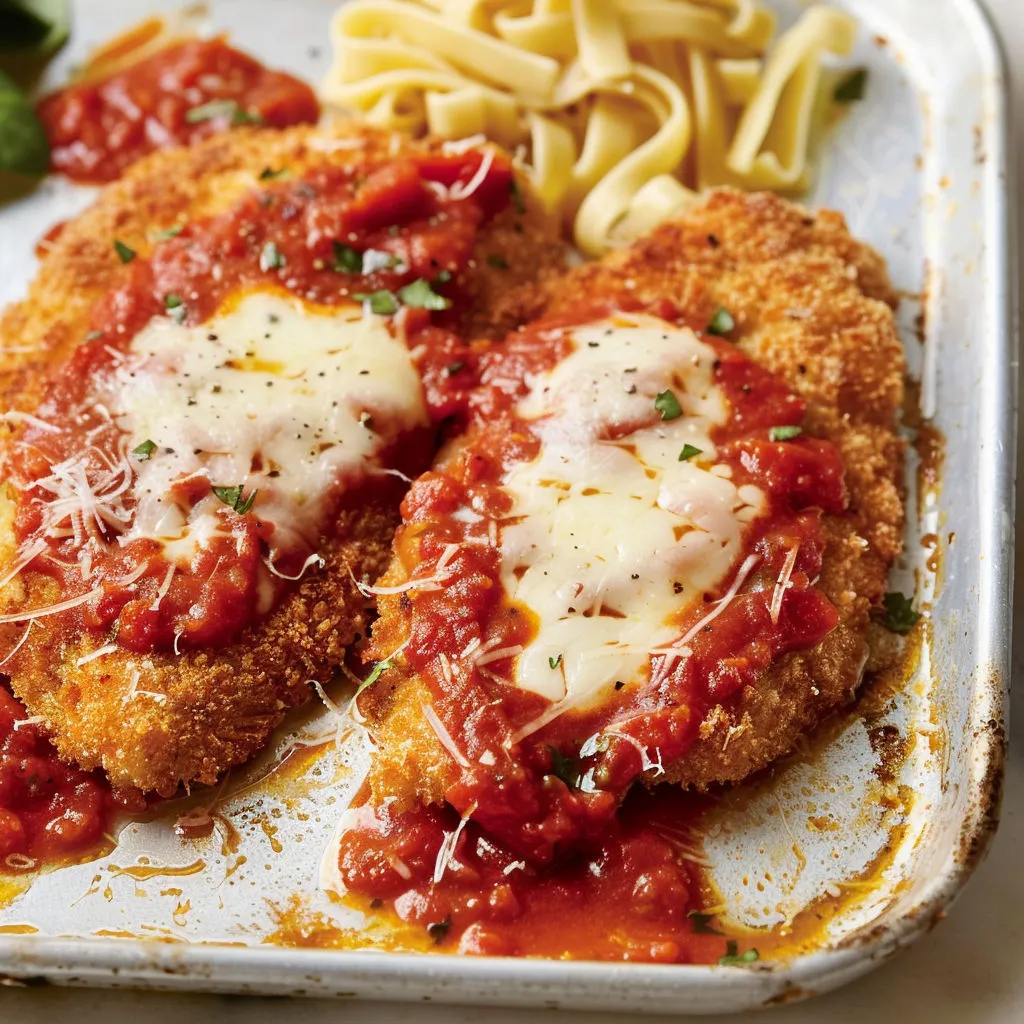 Gros plan sur du poulet gratiné à l’italienne avec de la sauce tomate et des herbes, sur un plat.