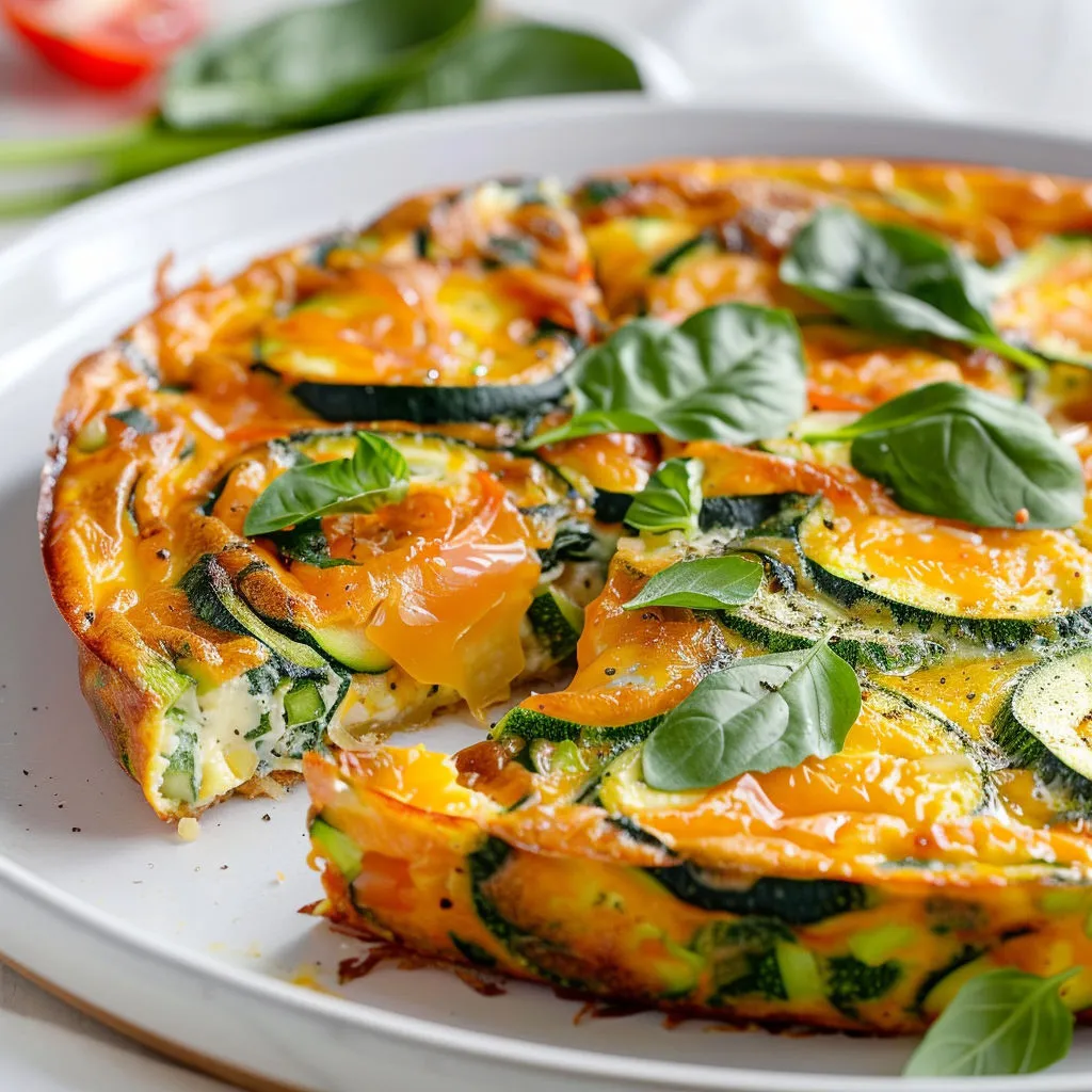 Une frittata aux herbes et cheddar, décorée de feuilles vertes, servie sur un plateau.