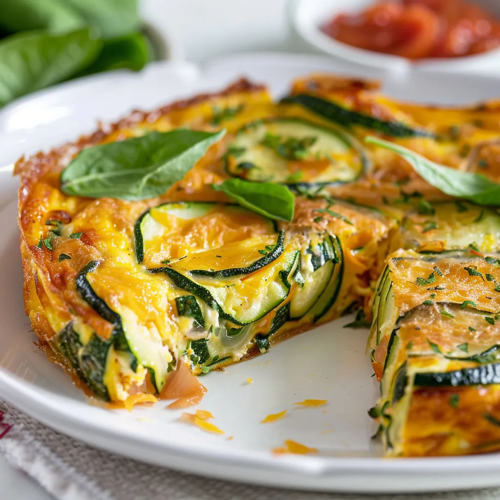 Une belle part de frittata aux courgettes et épinards avec sauce tomate et fromage juste fondu.