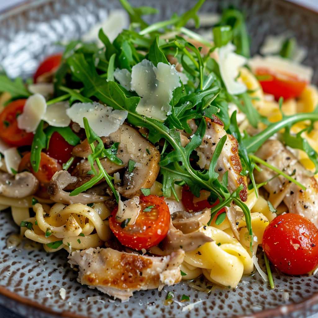 Un plat gourmet de spätzles avec poulet doré, roquette, fromage et tomates.