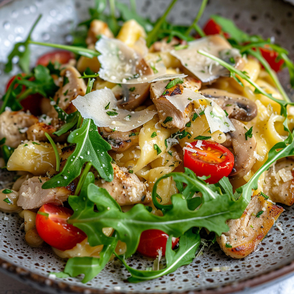 Spätzles au poulet et légumes colorés, parfaits pour se régaler.