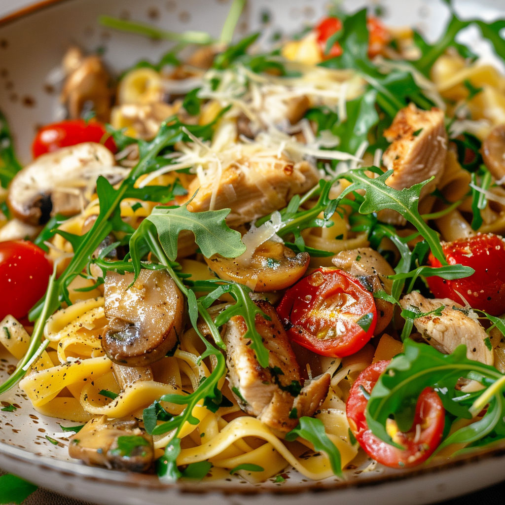 Spätzles fondants au parmesan et tomates cerises, servis avec légumes, parfait en famille.