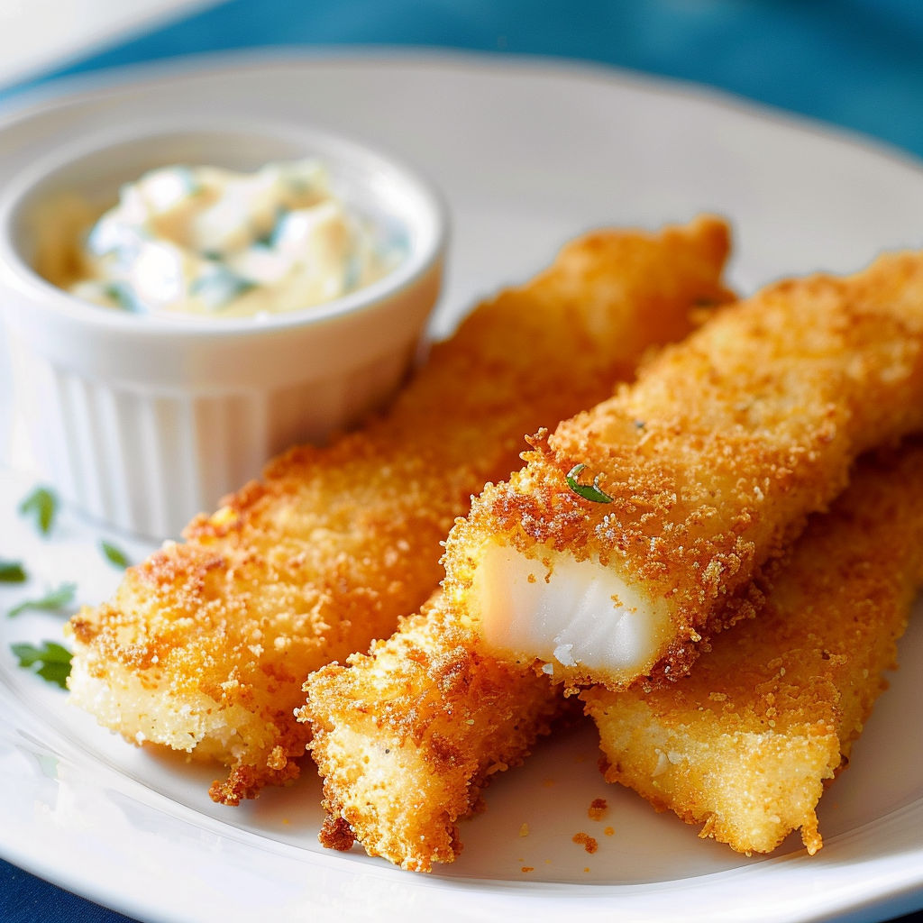 Bâtonnet de poisson croustillant au panko bien doré sur un plateau avec une sauce à côté.