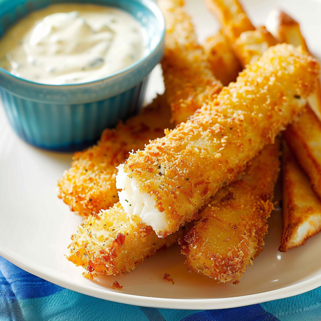 Bâtonnets panés de cabillaud maison, super croustillants, présentés sur un joli plat en porcelaine.