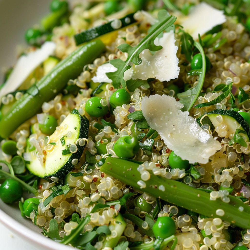 Délicieuse salade de quinoa garnie de légumes verts comme pois, courgettes, feuilles fraîches, et servie avec du basilic.