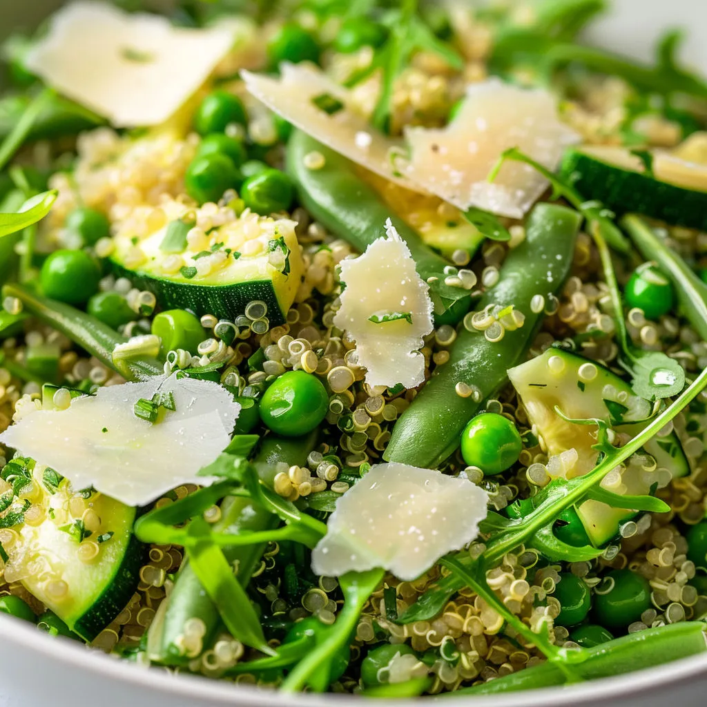 Une salade de quinoa fraîche avec des légumes verts et des herbes.