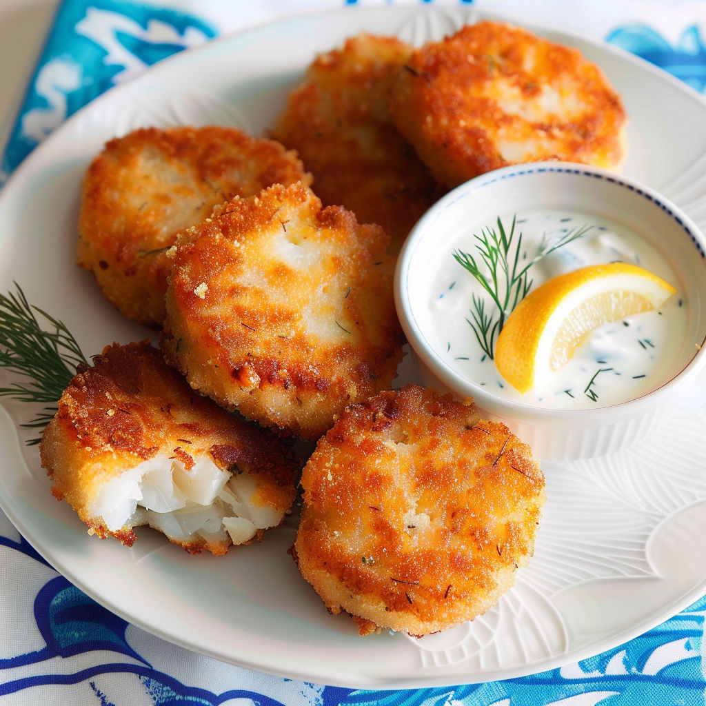 Croquettes de poisson dorées empilées avec une sauce et une cuillère de citron.